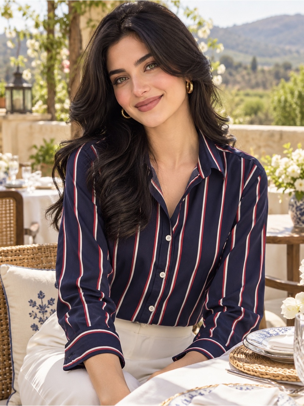 🐞ASOS Navy Button-Down Shirt with Red & White Stripe Detail